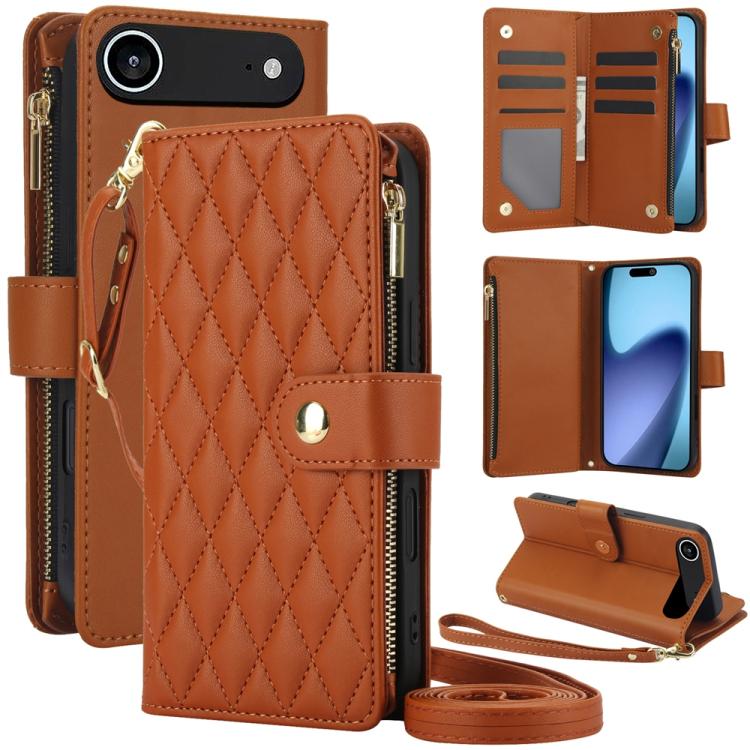 

For iPhone Air YM016 Rhombic Zipper Card Wallet Leather Phone Case with Lanyard(Brown)