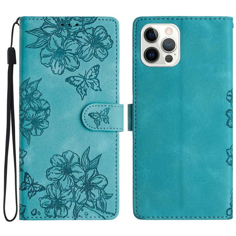 

For iPhone 15 Pro Cherry Blossom Butterfly Skin Feel Embossed PU Phone Case(Green)