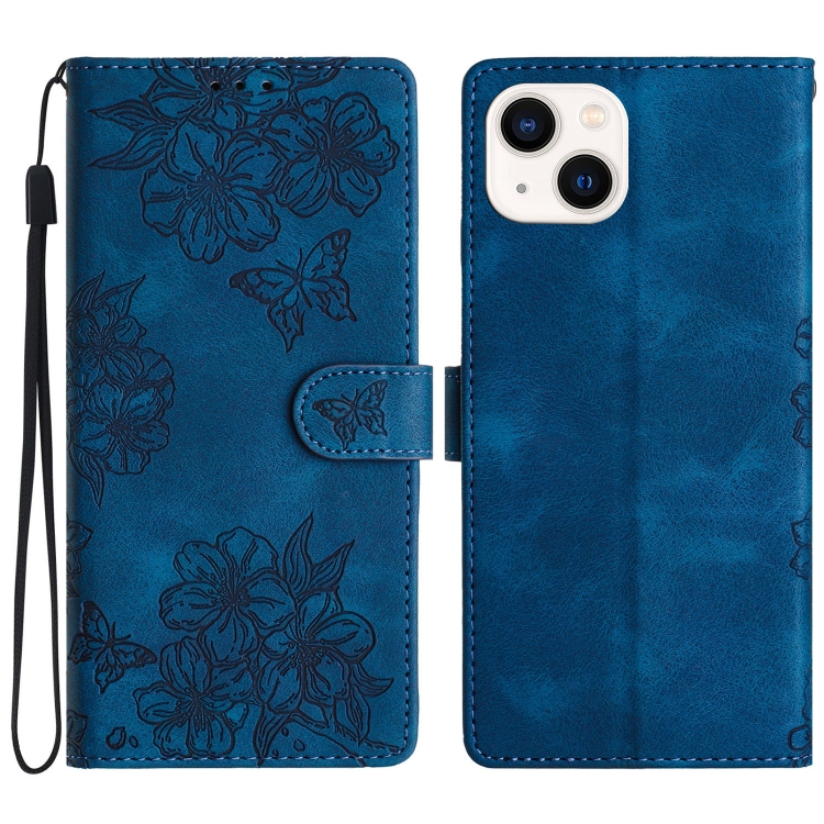

For iPhone 15 Cherry Blossom Butterfly Skin Feel Embossed PU Phone Case(Blue)