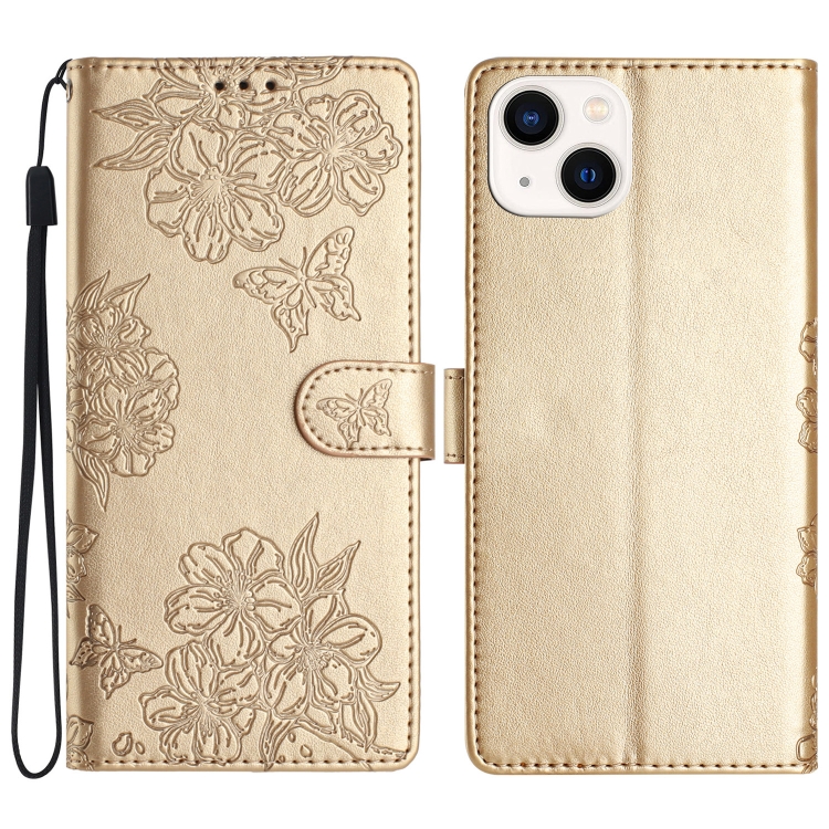 

For iPhone 14 Plus Cherry Blossom Butterfly Skin Feel Embossed PU Phone Case(Gold)