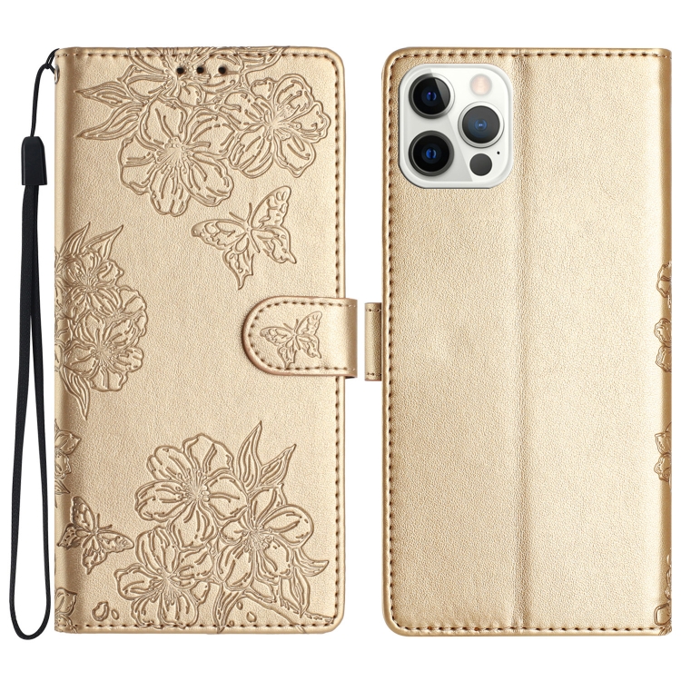 

For iPhone 14 Pro Max Cherry Blossom Butterfly Skin Feel Embossed PU Phone Case(Gold)
