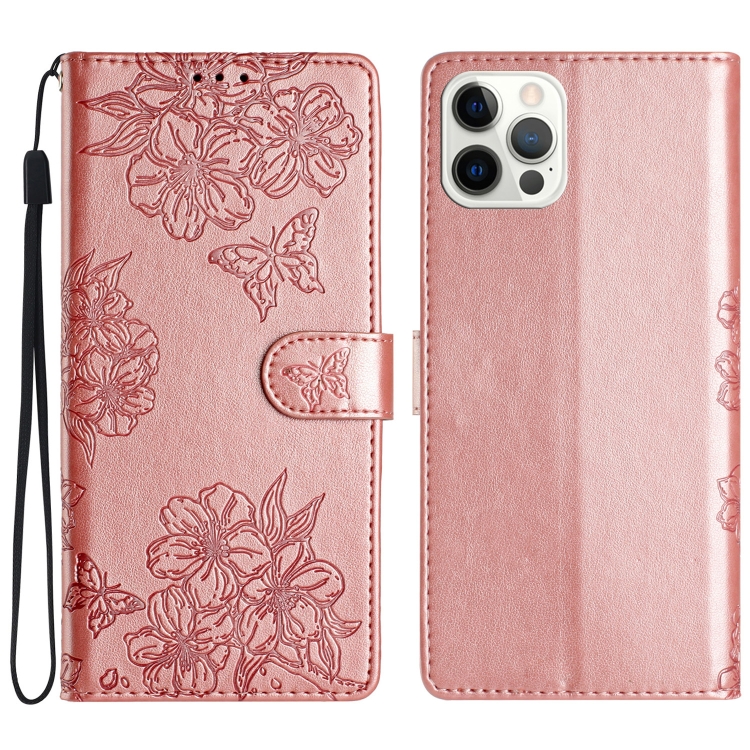 

For iPhone 14 Pro Max Cherry Blossom Butterfly Skin Feel Embossed PU Phone Case(Rose Gold)