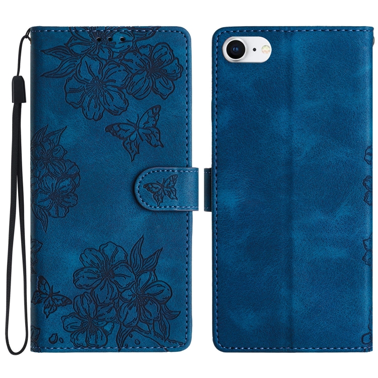 

For iPhone SE 2022 / SE 2020 Cherry Blossom Butterfly Skin Feel Embossed PU Phone Case(Blue)