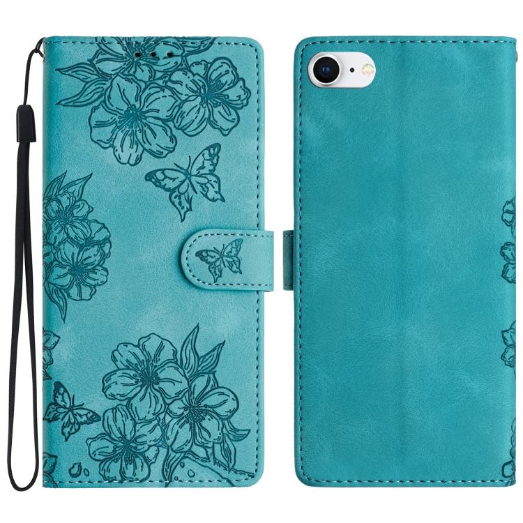 

For iPhone SE 2022 / SE 2020 Cherry Blossom Butterfly Skin Feel Embossed PU Phone Case(Green)