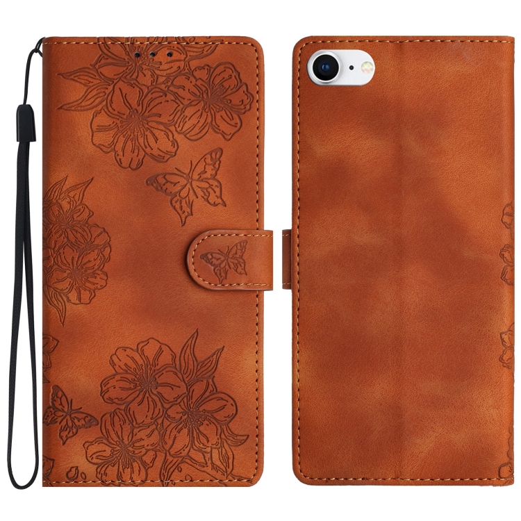 

For iPhone SE 2022 / SE 2020 Cherry Blossom Butterfly Skin Feel Embossed PU Phone Case(Brown)