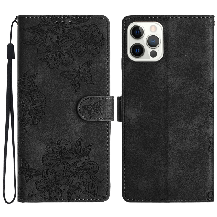 

For iPhone 13 Pro Max Cherry Blossom Butterfly Skin Feel Embossed PU Phone Case(Black)