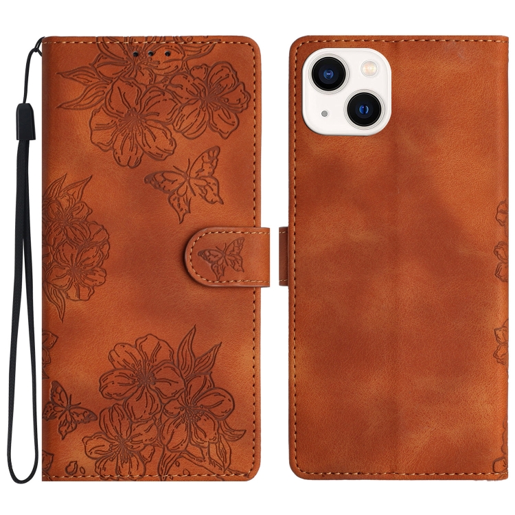 

For iPhone 13 Cherry Blossom Butterfly Skin Feel Embossed PU Phone Case(Brown)