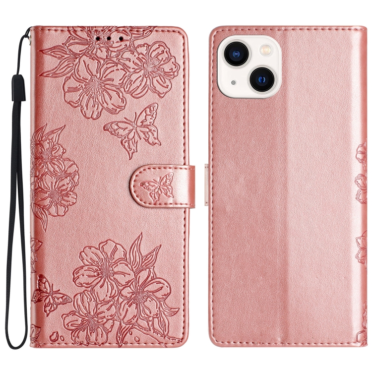 

For iPhone 13 Cherry Blossom Butterfly Skin Feel Embossed PU Phone Case(Rose Gold)