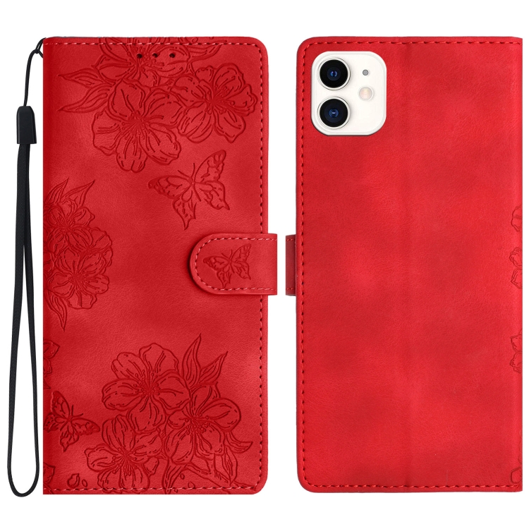 

For iPhone 12 mini Cherry Blossom Butterfly Skin Feel Embossed PU Phone Case(Red)