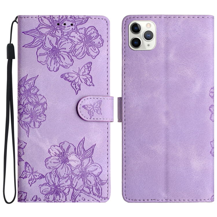 

For iPhone 11 Pro Max Cherry Blossom Butterfly Skin Feel Embossed PU Phone Case(Purple)