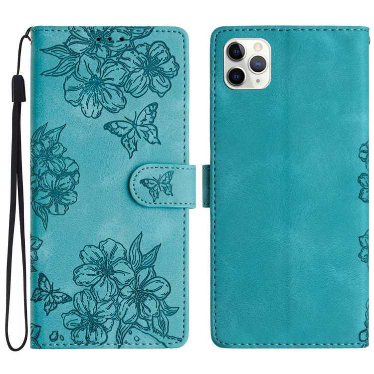 

For iPhone 11 Pro Max Cherry Blossom Butterfly Skin Feel Embossed PU Phone Case(Green)