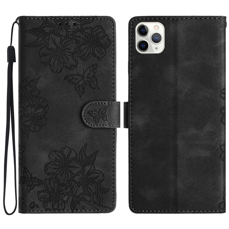 

For iPhone 11 Pro Max Cherry Blossom Butterfly Skin Feel Embossed PU Phone Case(Black)