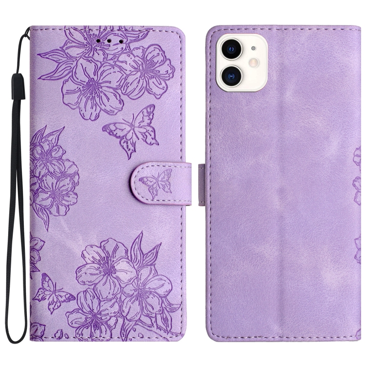 

For iPhone 11 Cherry Blossom Butterfly Skin Feel Embossed PU Phone Case(Purple)