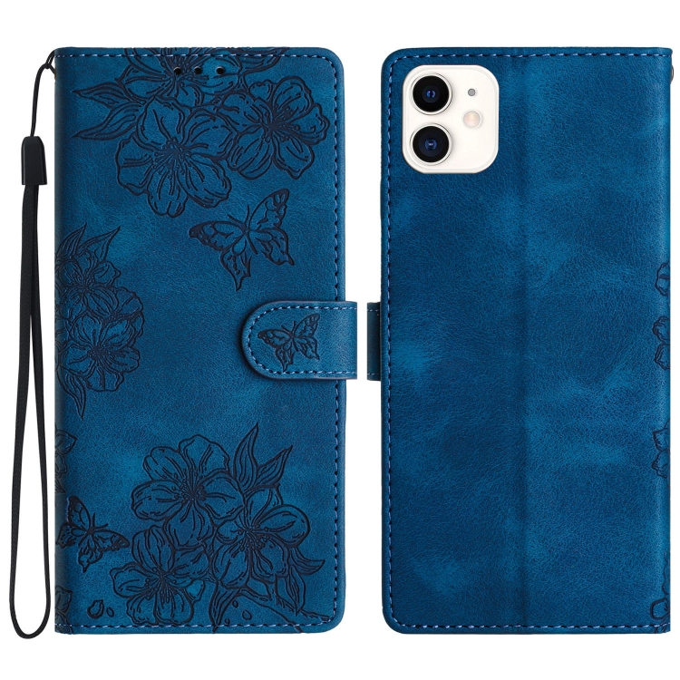 

For iPhone 11 Cherry Blossom Butterfly Skin Feel Embossed PU Phone Case(Blue)
