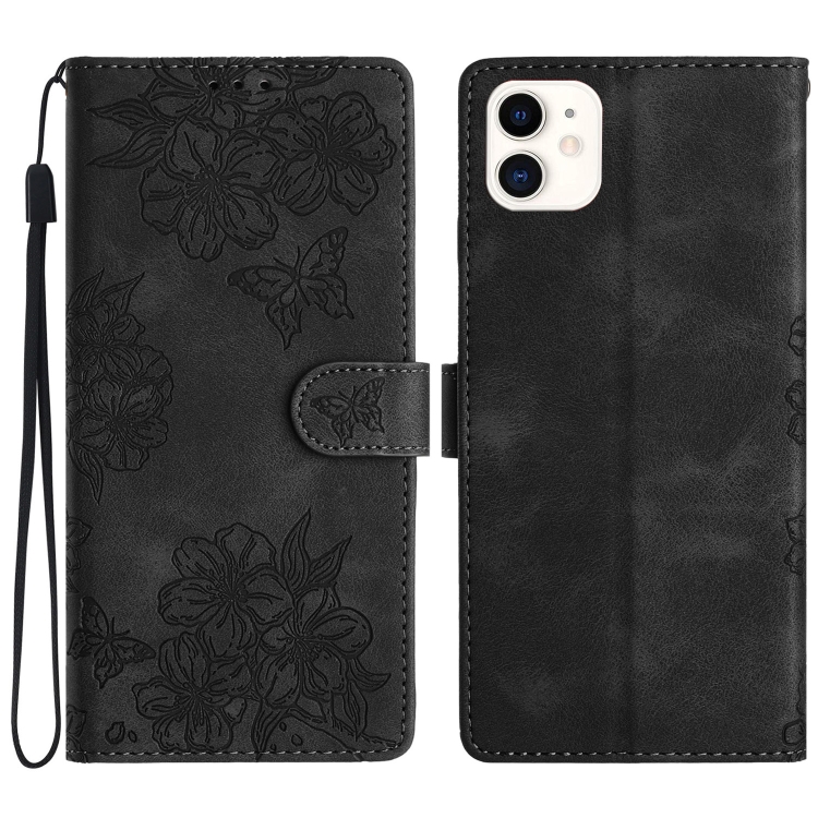 

For iPhone 11 Cherry Blossom Butterfly Skin Feel Embossed PU Phone Case(Black)