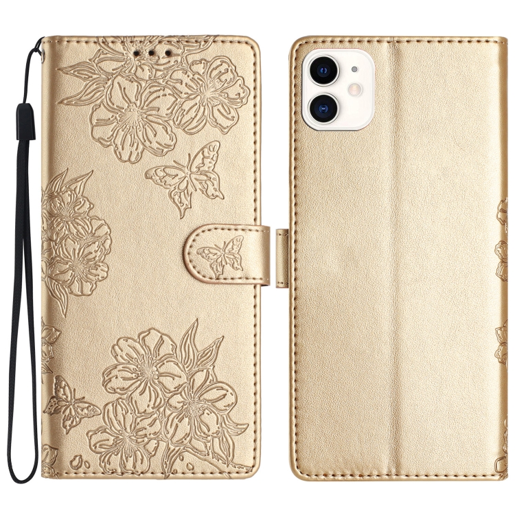 

For iPhone 11 Cherry Blossom Butterfly Skin Feel Embossed PU Phone Case(Gold)