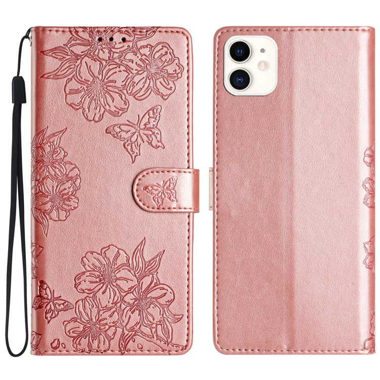 

For iPhone 11 Cherry Blossom Butterfly Skin Feel Embossed PU Phone Case(Rose Gold)