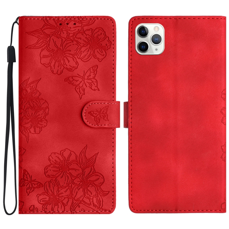 

For iPhone 11 Pro Cherry Blossom Butterfly Skin Feel Embossed PU Phone Case(Red)