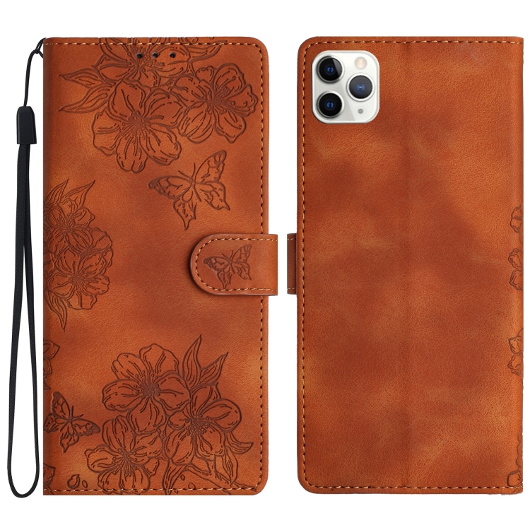 

For iPhone 11 Pro Cherry Blossom Butterfly Skin Feel Embossed PU Phone Case(Brown)