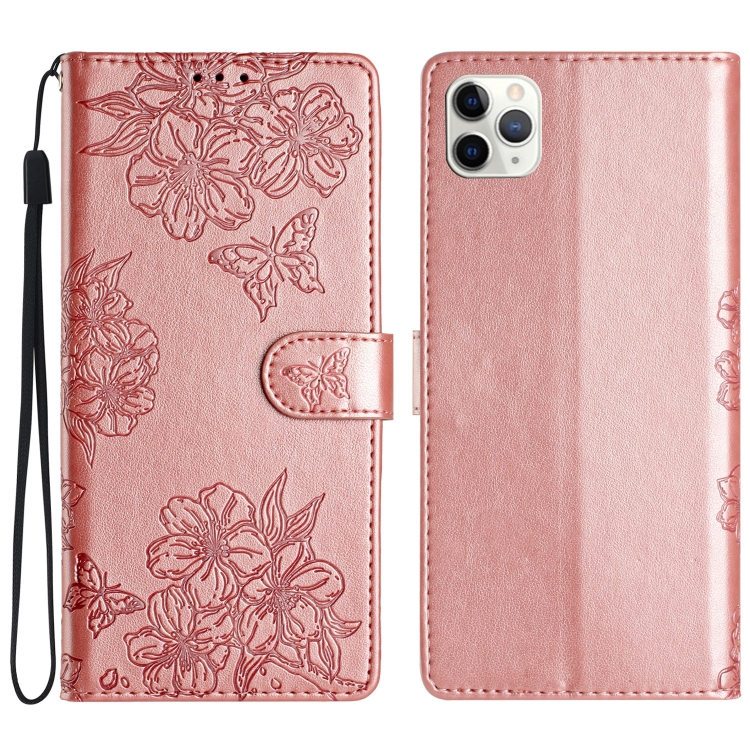 

For iPhone 11 Pro Cherry Blossom Butterfly Skin Feel Embossed PU Phone Case(Rose Gold)