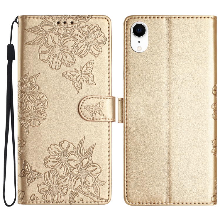

For iPhone XS / X Cherry Blossom Butterfly Skin Feel Embossed PU Phone Case(Gold)