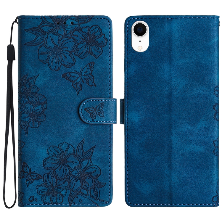 

For iPhone XR Cherry Blossom Butterfly Skin Feel Embossed PU Phone Case(Blue)