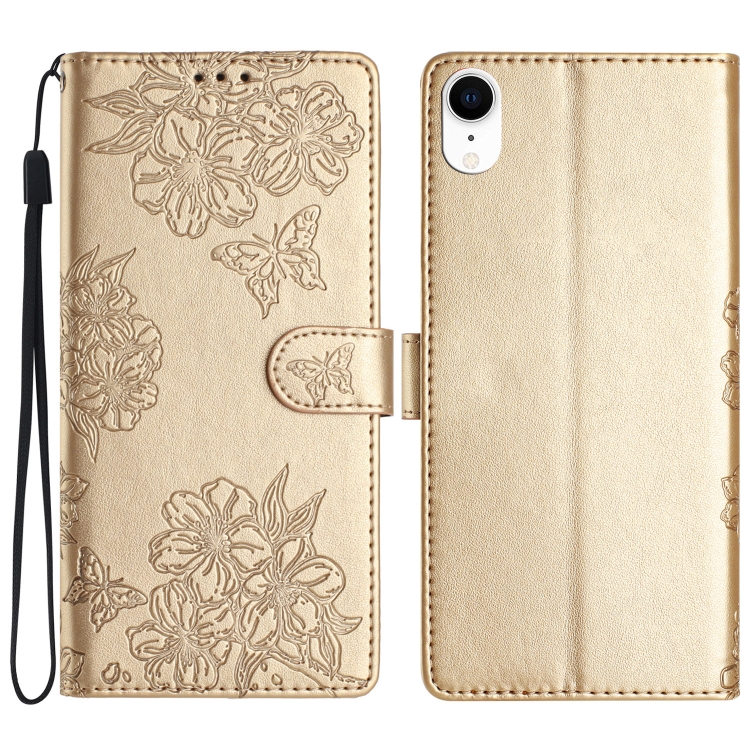 

For iPhone XR Cherry Blossom Butterfly Skin Feel Embossed PU Phone Case(Gold)