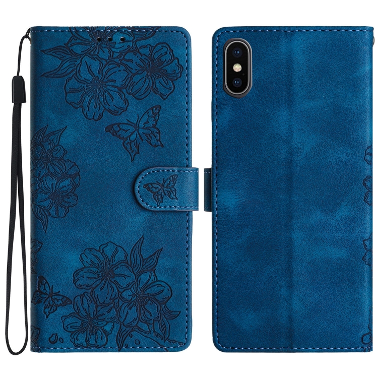 

For iPhone XS Max Cherry Blossom Butterfly Skin Feel Embossed PU Phone Case(Blue)