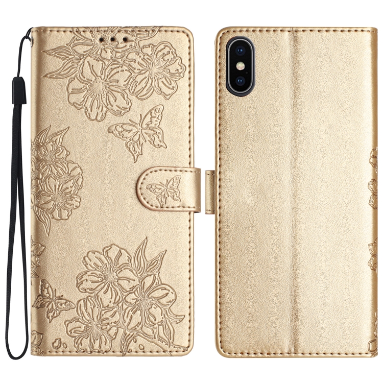 

For iPhone XS Max Cherry Blossom Butterfly Skin Feel Embossed PU Phone Case(Gold)