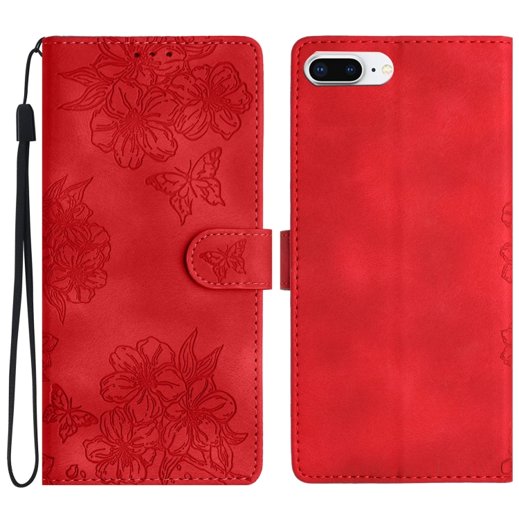 

For iPhone 8 Plus / 7 Plus Cherry Blossom Butterfly Skin Feel Embossed PU Phone Case(Red)