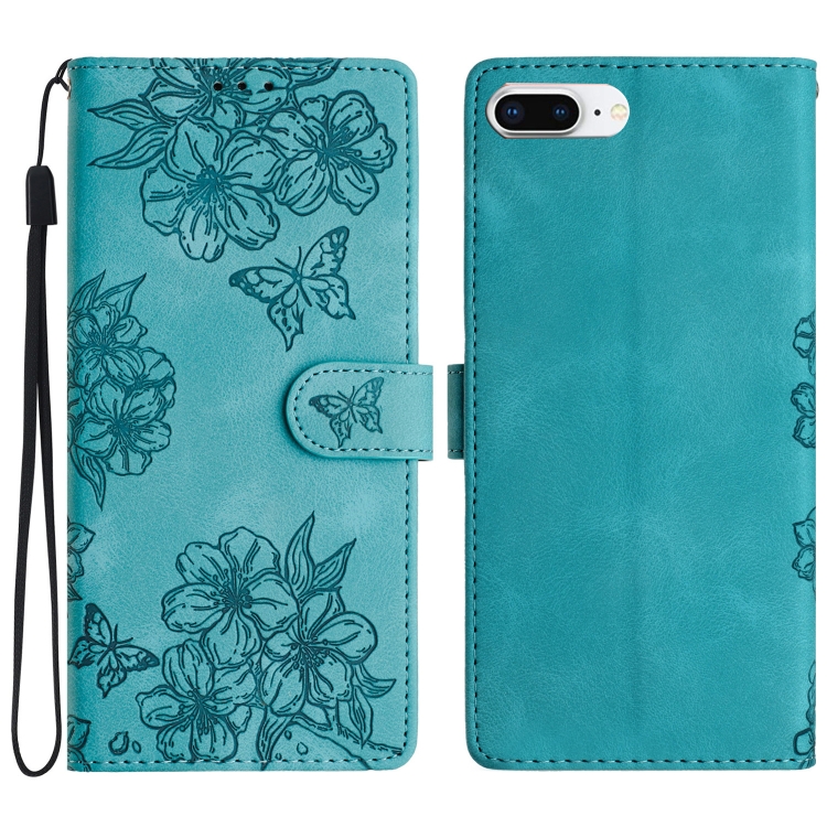 

For iPhone 8 Plus / 7 Plus Cherry Blossom Butterfly Skin Feel Embossed PU Phone Case(Green)