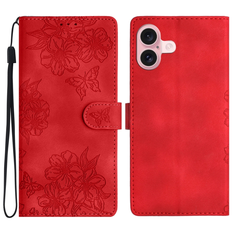 

For iPhone 16 Cherry Blossom Butterfly Skin Feel Embossed PU Phone Case(Red)