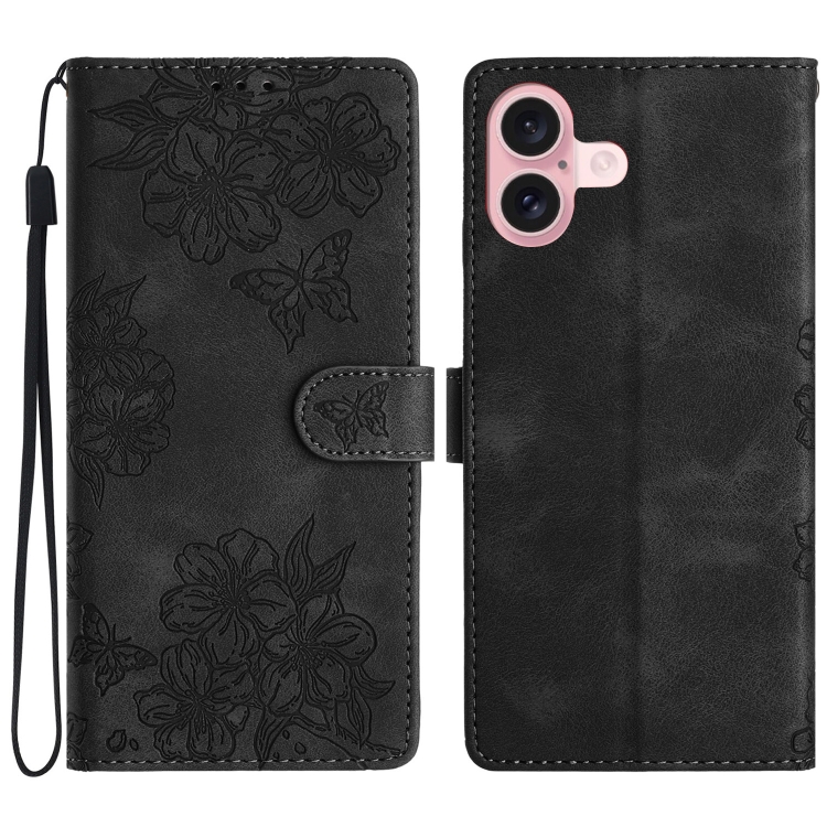 

For iPhone 16 Cherry Blossom Butterfly Skin Feel Embossed PU Phone Case(Black)