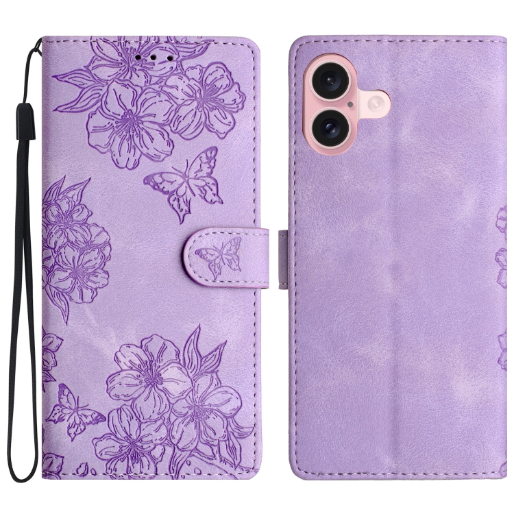 

For iPhone 16 Plus Cherry Blossom Butterfly Skin Feel Embossed PU Phone Case(Purple)