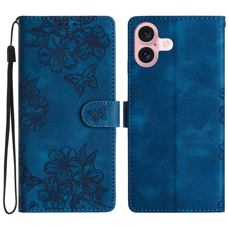 

For iPhone 16 Plus Cherry Blossom Butterfly Skin Feel Embossed PU Phone Case(Blue)