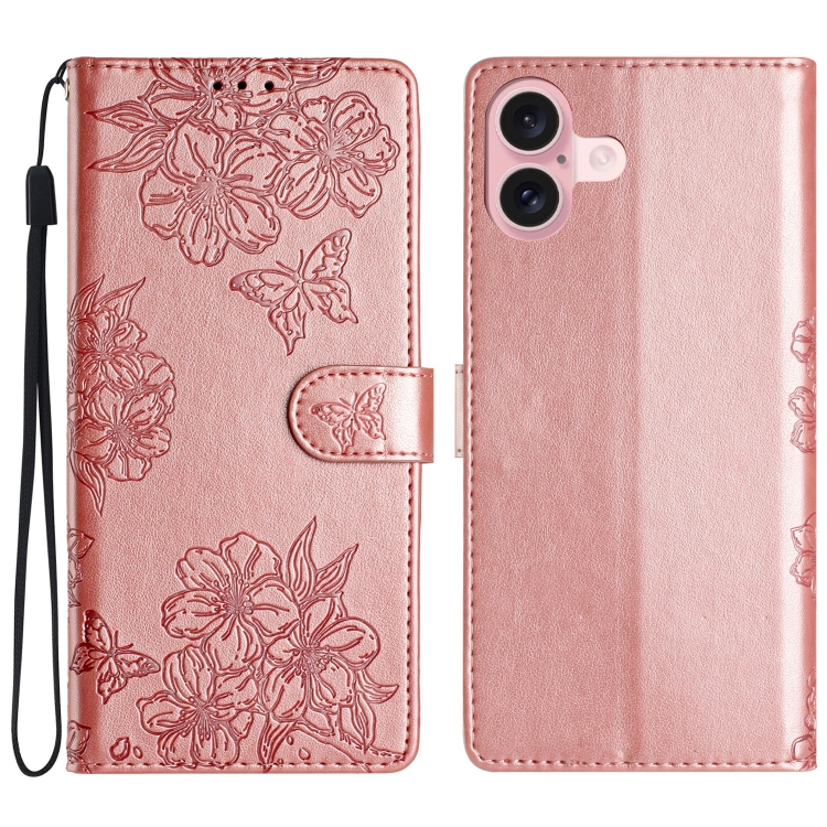 

For iPhone 16 Plus Cherry Blossom Butterfly Skin Feel Embossed PU Phone Case(Rose Gold)