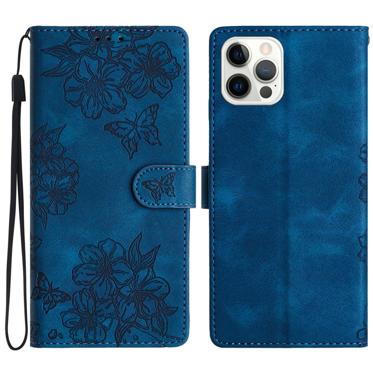 

For iPhone 16 Pro Cherry Blossom Butterfly Skin Feel Embossed PU Phone Case(Blue)