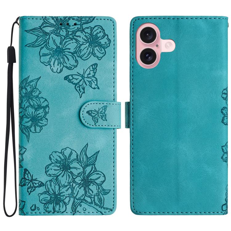 

For iPhone 17 Cherry Blossom Butterfly Skin Feel Embossed PU Phone Case(Green)