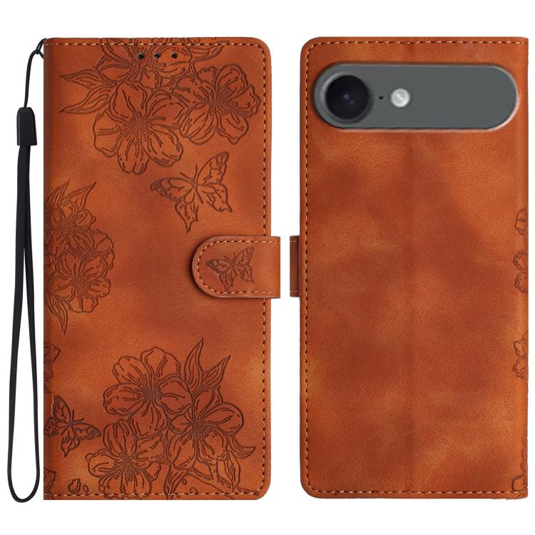 

For iPhone 17 Air Cherry Blossom Butterfly Skin Feel Embossed PU Phone Case(Brown)