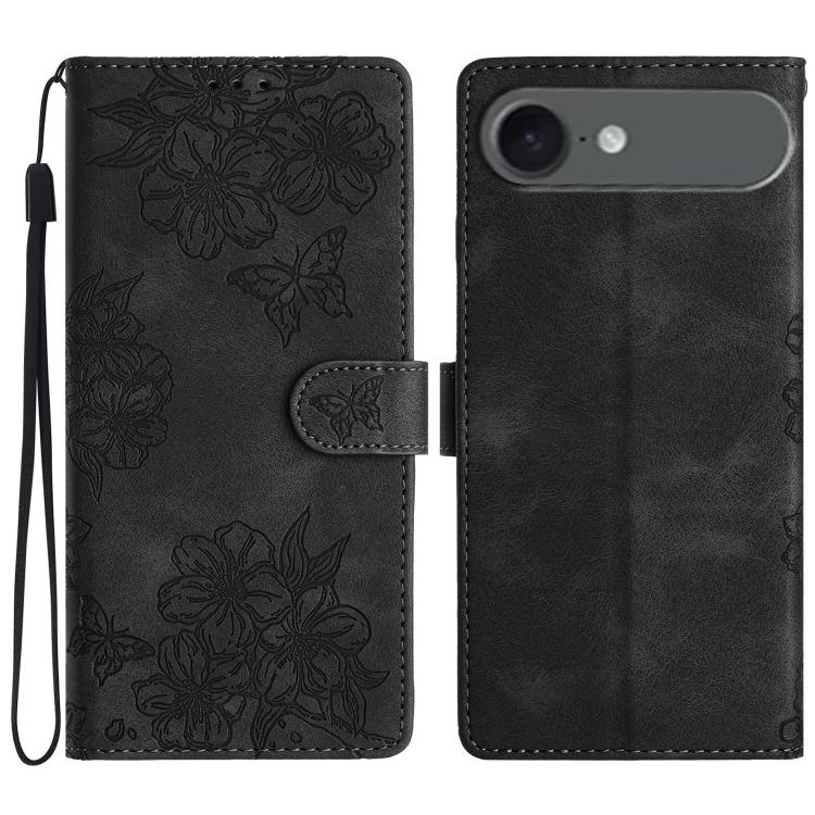 

For iPhone 17 Air Cherry Blossom Butterfly Skin Feel Embossed PU Phone Case(Black)