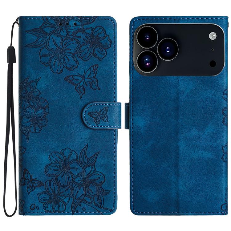 

For iPhone 17 Pro Cherry Blossom Butterfly Skin Feel Embossed PU Phone Case(Blue)