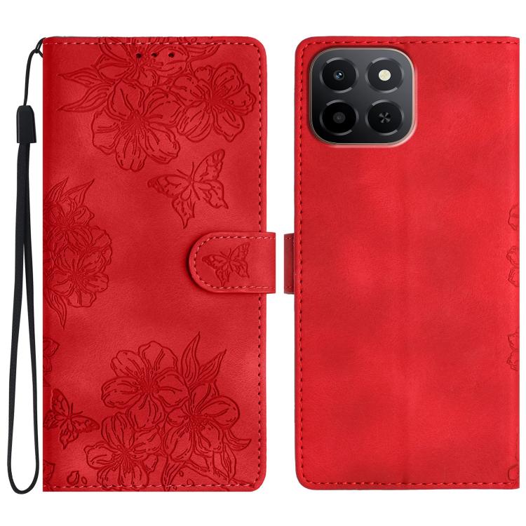 

For Honor X6c 4G Cherry Blossom Butterfly Skin Feel Embossed PU Phone Case(Red)