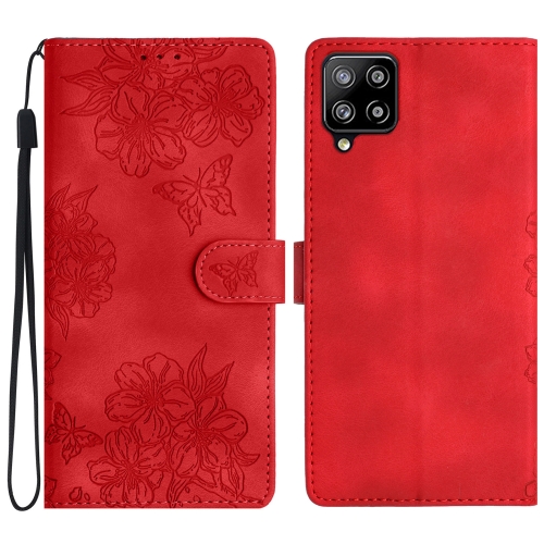 

For Samsung Galaxy M53 Cherry Blossom Butterfly Skin Feel Embossed PU Phone Case(Red)
