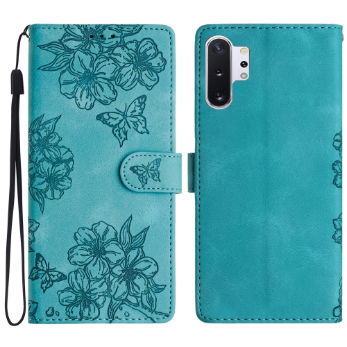 

For Samsung Galaxy Note10+ Cherry Blossom Butterfly Skin Feel Embossed PU Phone Case(Green)