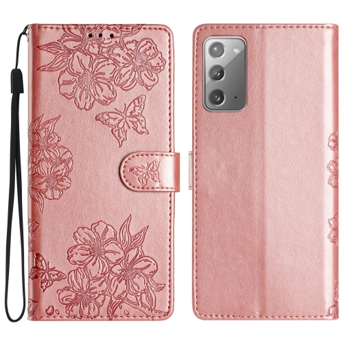 

For Samsung Galaxy Note20 Cherry Blossom Butterfly Skin Feel Embossed PU Phone Case(Rose Gold)