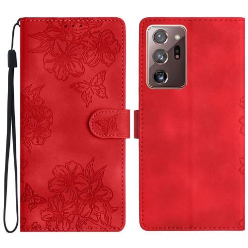 

For Samsung Galaxy Note20 Ultra Cherry Blossom Butterfly Skin Feel Embossed PU Phone Case(Red)