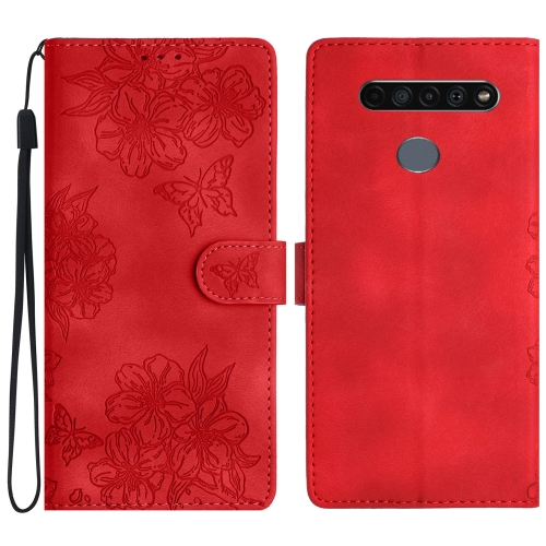 

For LG K51S Cherry Blossom Butterfly Skin Feel Embossed PU Phone Case(Red)