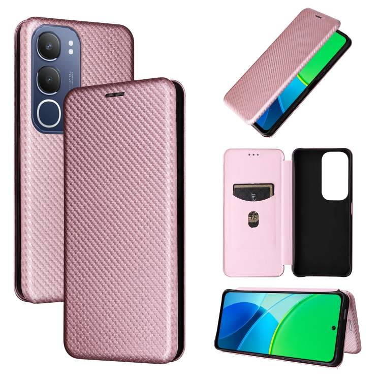 

For vivo Y19s 4G Global Carbon Fiber Texture Flip Leather Phone Case(Pink)