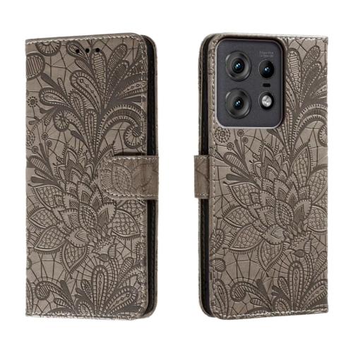 

For Motorola Edge 50 Pro Lace Flower Embossing Flip Leather Phone Case(Grey)