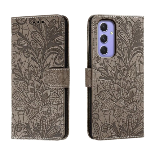 

For Samsung Galaxy A55 Lace Flower Embossing Flip Leather Phone Case(Grey)